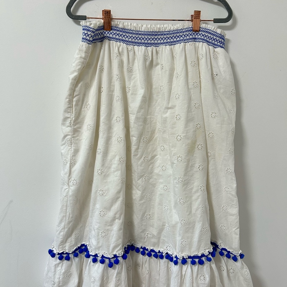 J. Crew White Midi Skirt with Blue Accents‎ eyelet cotton lined large *stain*